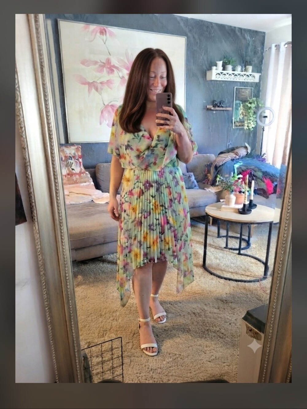Kensie Floral Asymmetrical Pleated Dress in Pastel Yellow & Pink